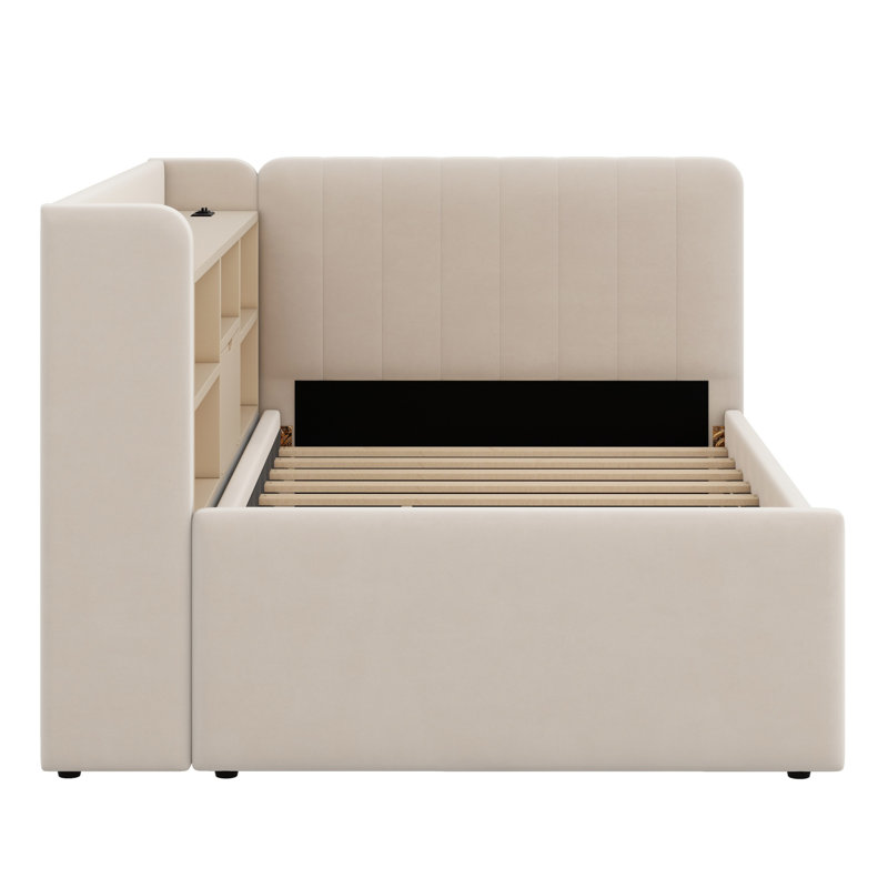 Upholstered Daybed With Trundle, Storage Shelves, USB & Outlet, Beige