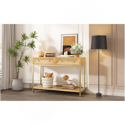 Table de vestibule, console à deux tiroirs, table de couloir rétro à motif géométrique saisissant pour le vestibule et le salon (naturel)