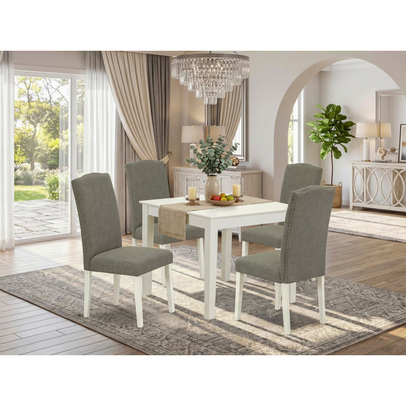 Ensemble de table de salle à manger moderne 5 pièces comprenant une table carrée en bois et 4 chaises Parson rembourrées en lin Shitake foncé, lin blanc