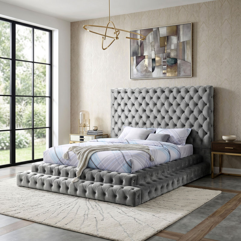 Deskins Low Profile Tufted Upholstered Platform Bed, Gray, King