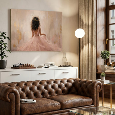«Pink Tulle Gown Girl Back View Golden Leaf Crown Texture», peinture à l'huile sur toile tendue, prête à accrocher