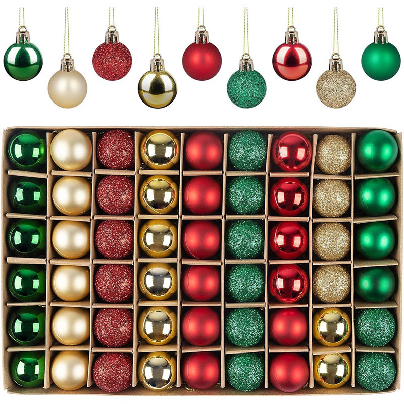 54 boules de Noël - mini-boules d'arbre incassable de 1,18 po avec cordes, boules multicolores rouges, vertes et dorées pour décorations de Noël