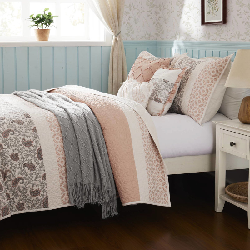 Courtepointe en coton 6 pièces avec coussins décoratifs Blush, Rosé, Édredon grand / double + 6 pièces supplémentair