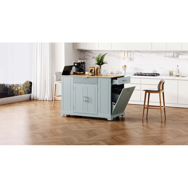 K&K Fluted Kitchen Island With Trash Can Storage Cabinet, Power Outlet, Internal Storage Rack, Rolling Kitchen Islands On 5 Wheels With 3 Drawer, 3 Open Side Racks For 10 Gallon Garbage Bin,Grey Blue