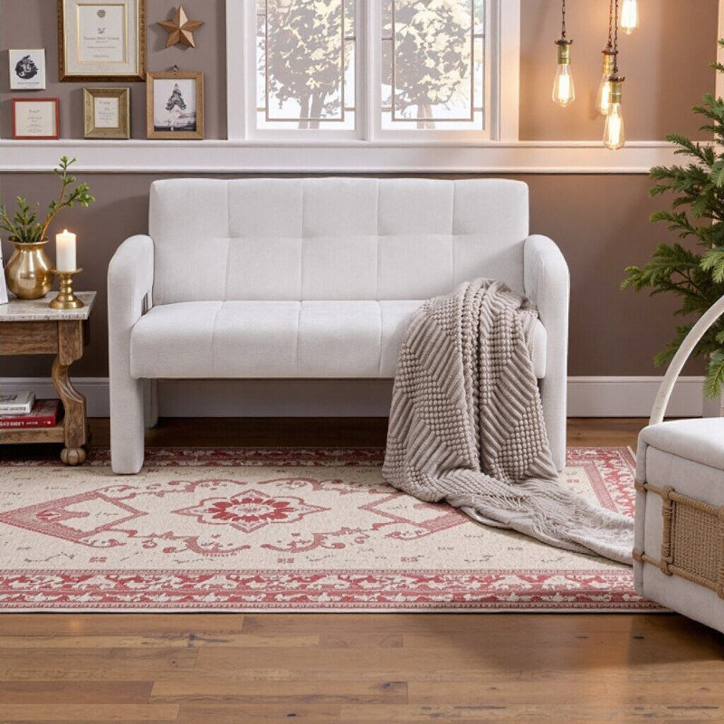 Fauteuil double moderne avec revêtement en chenille, canapé compact pour le salon et la chambre à coucher, Beige