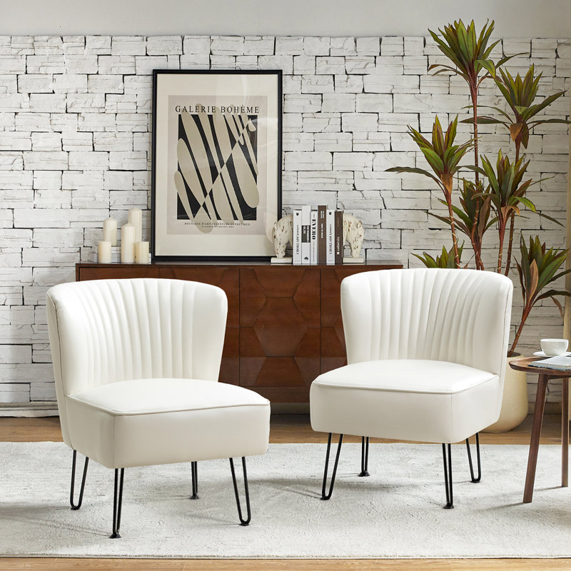 Euclid 26" W Faux Leather Tufted Side Chair With Metal Base, Ivory Faux Leather