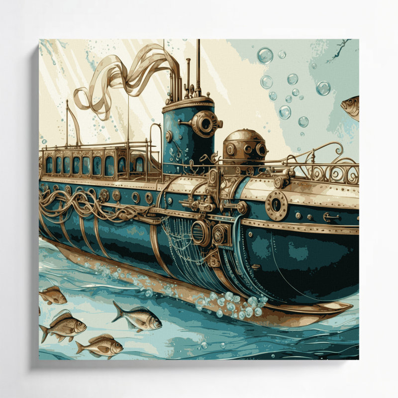 Transport, sous-marin, illustrations, toile brune, H 8 po x l 8 po