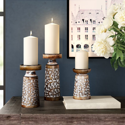 Mango Wood Handmade Minimalistic Bell Shaped Pillar Decorative  Candle Holder Set