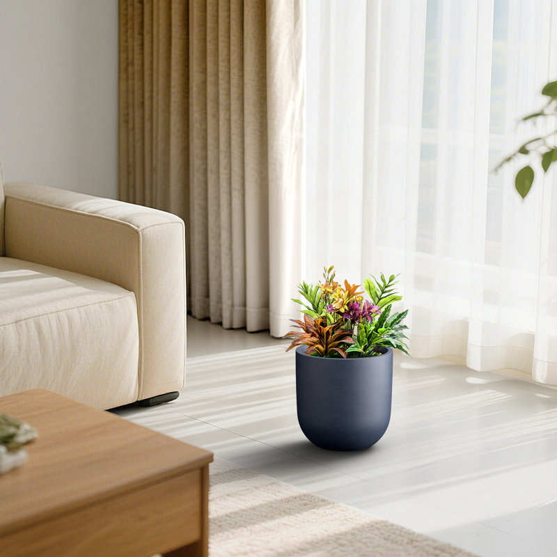 Pot à fleurs rond en béton moyen avec trous de drainage pour intérieur et extérieur 11 po. Bleu marine (intérieur amélioré)