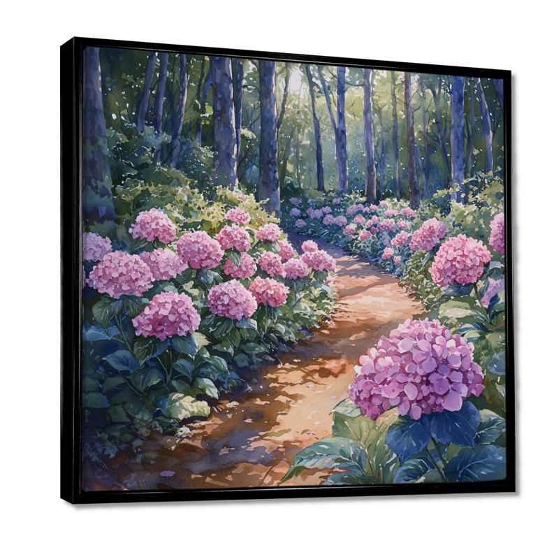 Hortensias dans le chemin forestier - hydrangées, décoration murale, Impression encadrée flottante, H 36 po x l 36 po, Noir