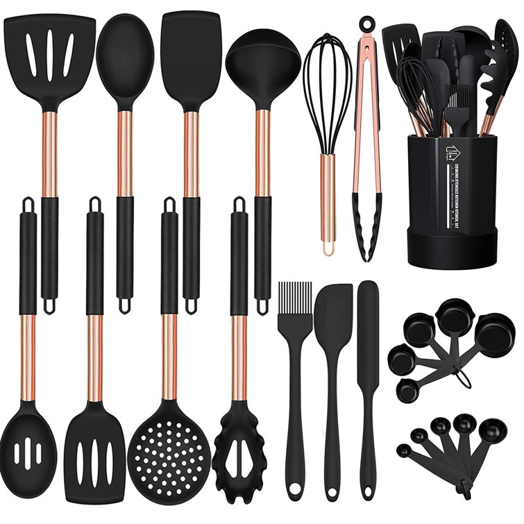 Cook With Color 4 Piece Rose Gold Stainless Steel Cooking Utensil Set with  Black Silicone Handles