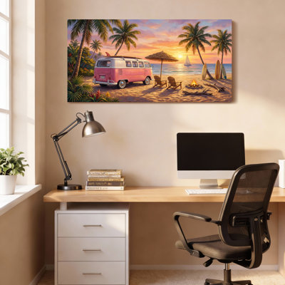 Pink Vintage Van Beach Sunset Canvas Wrapped Wall Art Oil Painting Print Set Of 1