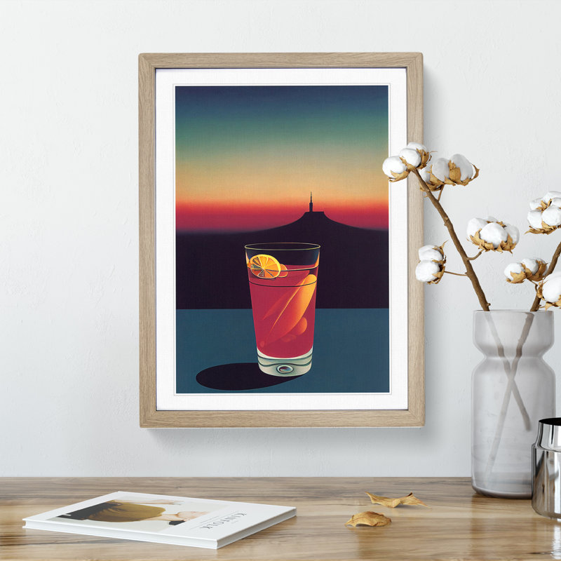Cocktail At Night - Single Picture Frame Print, 34cm H x 25cm W x 2cm D, Oak