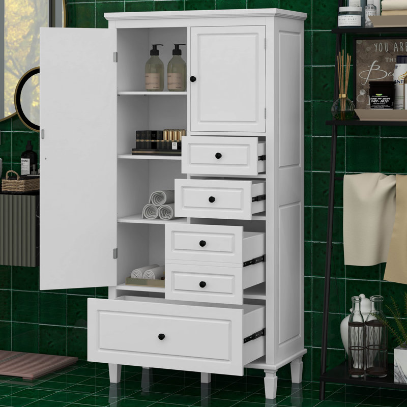 Grande armoire de rangement pour salle de bain avec 2 portes et 4 tiroirs de différentes tailles, armoire de rangement autoportante avec tablettes réglables