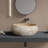 16" Stone Zen Bathroom Sink Solid Surface Round Vessel Basin Artistic Style Sink In Yellow Travertine Veining-128864545-128864547