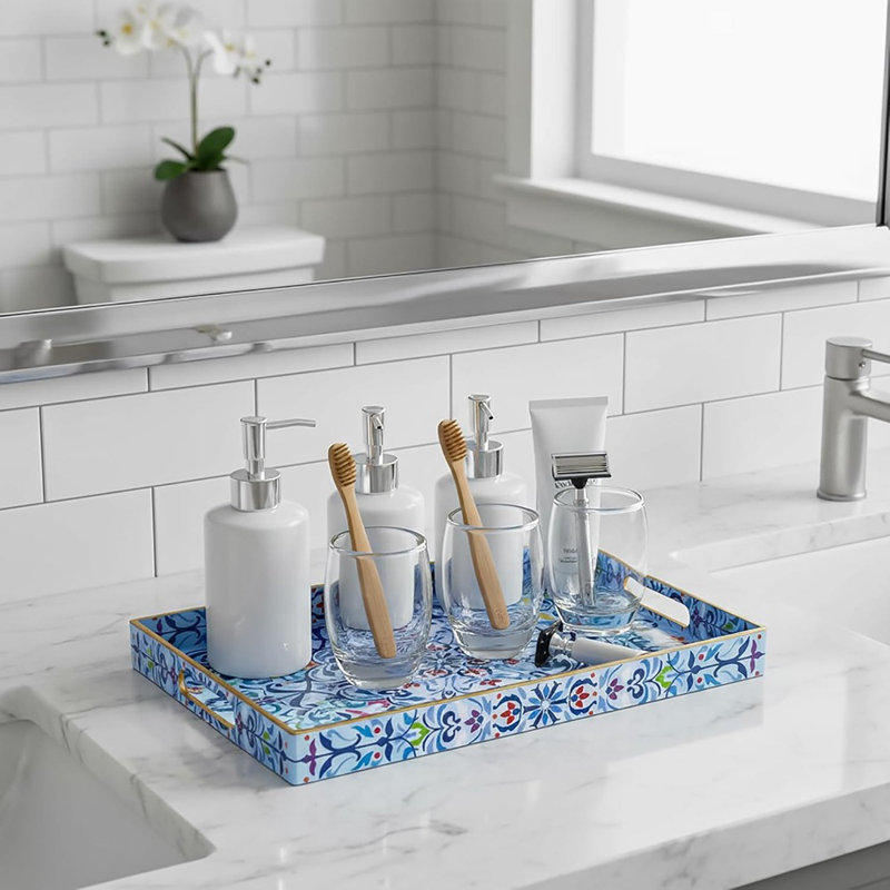 Boho Floral Decorative Plastic Serving Tray With Handles, Rectangle Tray For Coffee Table, Ottoman, And Home