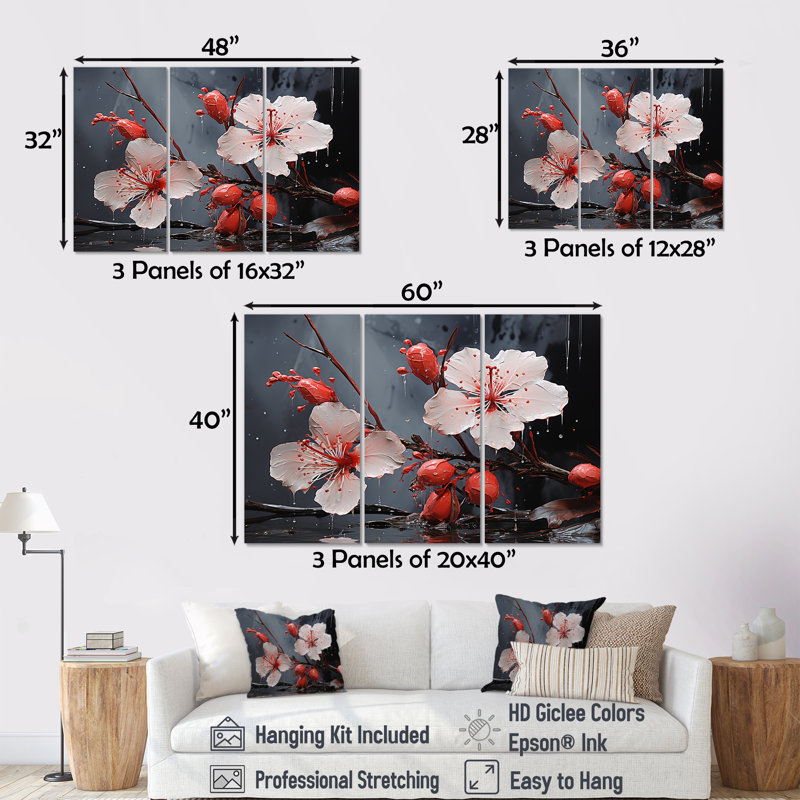 Hibiscus rose Blossums - ensemble de salon Hibiscus Wall Art, H 32 po x l 48 po x P 1 po
