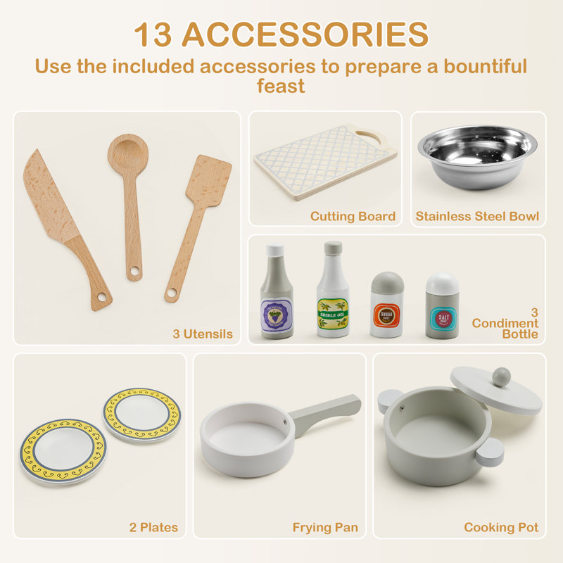 White and Gray Wooden Toddler Kitchen Playset with Accessories