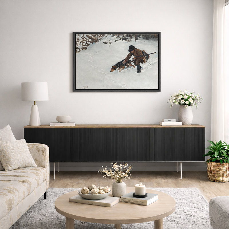 «Hunter with hound in Snowy Scene», reproduction d'art sur toile encadrée, impression de giclée sur toile, H 16 po x l 24 po