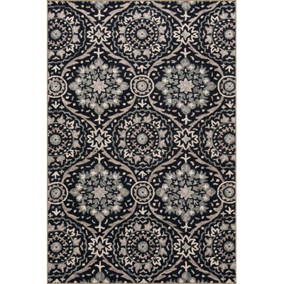 Black Floral Woven Base Washable Rug