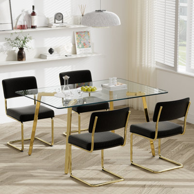 5 Piece Rectangle Glass Dining Table Set, with 4 Corduroy Dining Chair, Metal Legs. by Mercer41