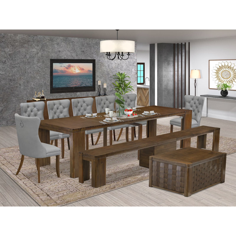 10-Pc Dining Set includes an Extendable Rectangle Kitchen Table, 1 Coffee Table, 7 Polyester Dining Chairs and 1 Bench, Antique Walnut