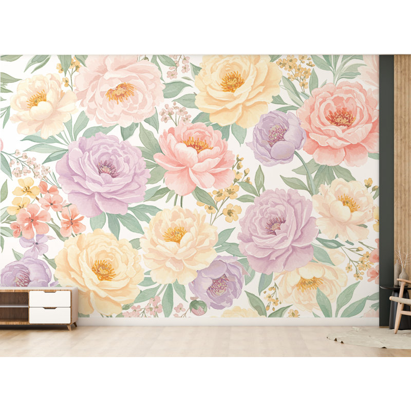 Murale de pivoines pastel - aquarelle peinte à la main printemps jardin mural pleine floraison florale pour décor de chambre à coucher 737RS (non tissé) RS737