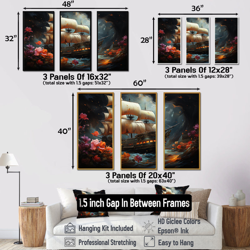 Pirate Ship Nightly Voyage II - Art mural pirate, H 28 po x l 36 po, Cadre flottant noir