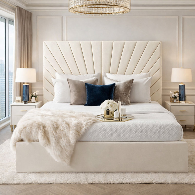 Upholstered Velvet Bed, Small Double (4'), Cream