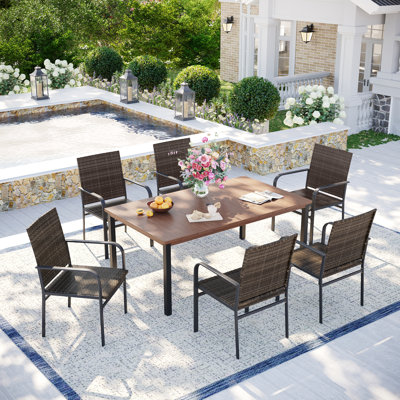 6-Person Patio Dining Set with Metal Rectangular Dining Table and 6 Rattan Armrest Chairs
