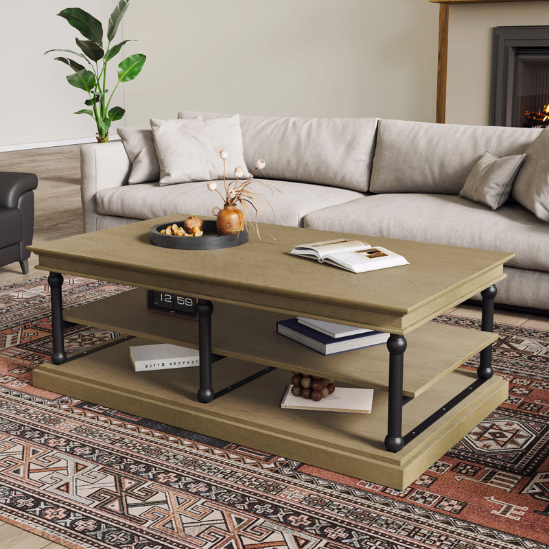 Table basse 55,1 "en bois avec pieds et 2 tablettes de rangement ouvertes