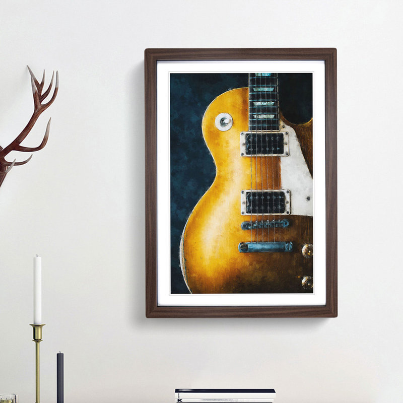 Aged Electric Guitar - Picture Frame Painting Print, Walnut Framed, 45cm H x 33cm W x 2cm D