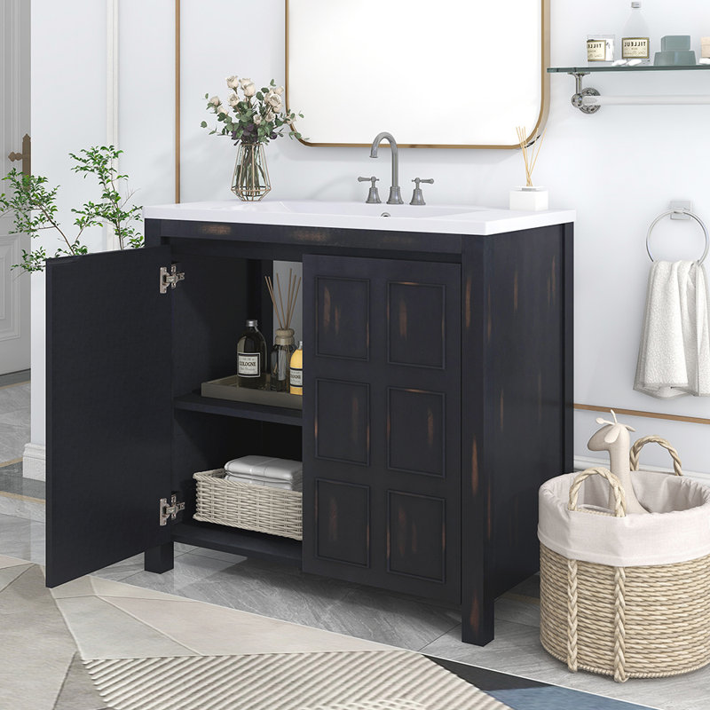Meuble-lavabo simple 36,01 po avec comptoir en bois massif Raheim