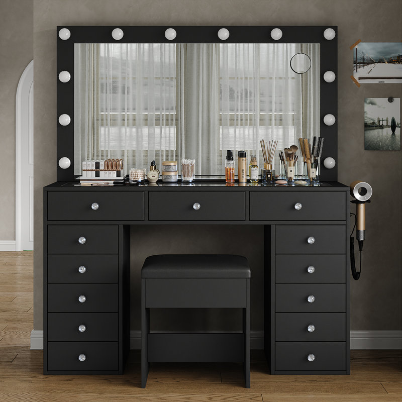 13 Drawers Vanity Desk, Makeup Vanity With Power Outlet, Vanity Table With Mirror And 12 LED Bulbs, 3 Lighting Modes, Glass Top Dressing Table With Chair