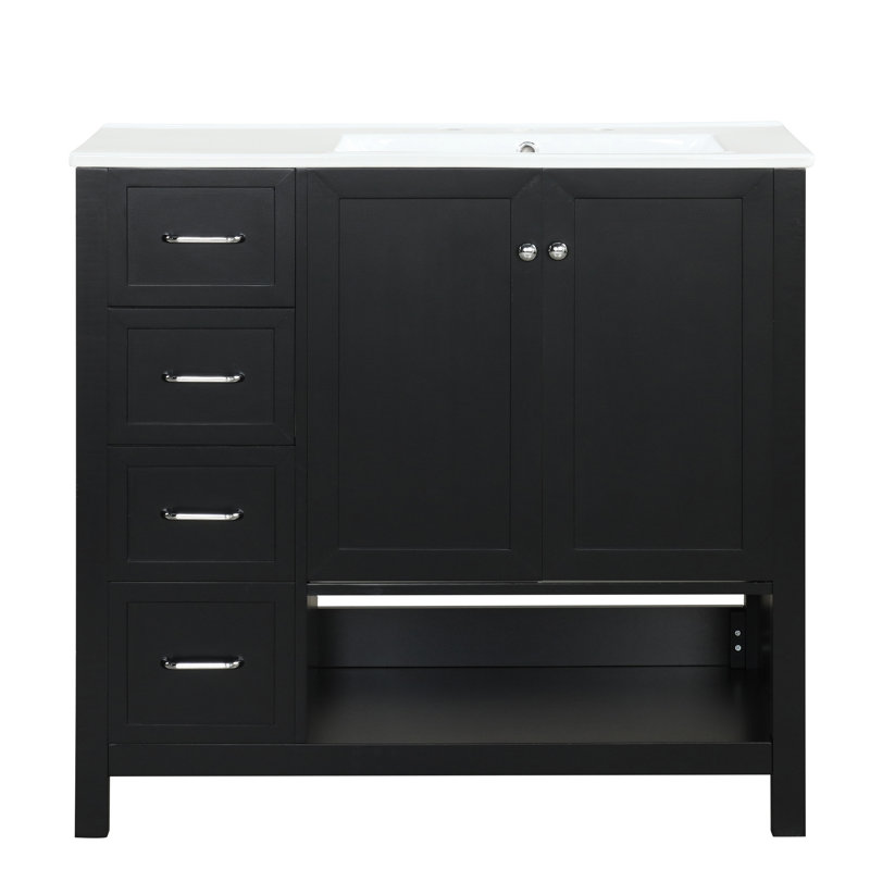 Meuble-lavabo de 36 po avec lavabo, armoire noire, deux portes et tiroirs, finition pratique en céramique hygiénique, lavabo, rangement spacieux