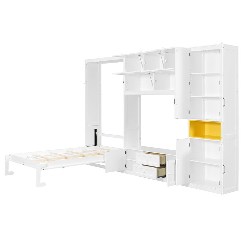 Lit escamotable en bois avec meuble télé, tiroirs, tablettes Bexey, Blanc
