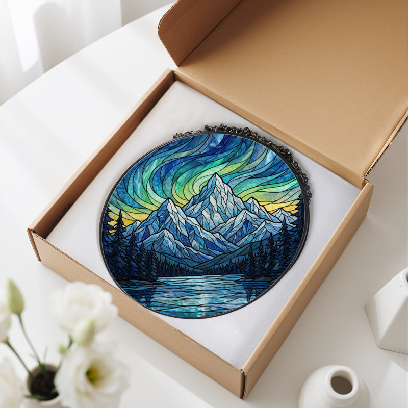 12"H Mountain Landscape Stained Glass Window Panel, 12" H x 12" W