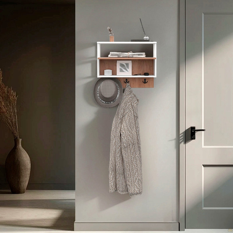White and Natural Oak Wall-mounted Organizer with Open Storage