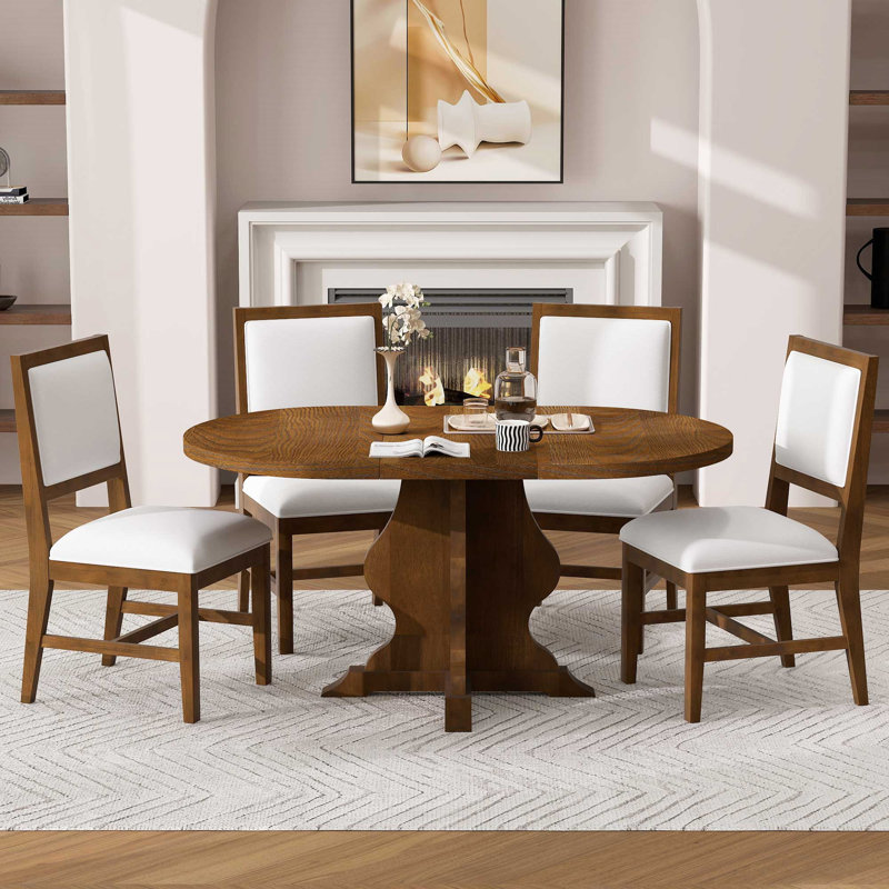Ensemble de table de salle à manger 5 pièces Farmhouse avec 4 chaises rembourrées, Off White/Beige, Brown