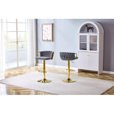 Set of 2 Modern Luxury Velvet Braided Bar Stool with Adjustable Height,Metal Base & Woven Rope Backrest, Upholstered Swivel Bar Chair for Kitchen Island or Home Bar