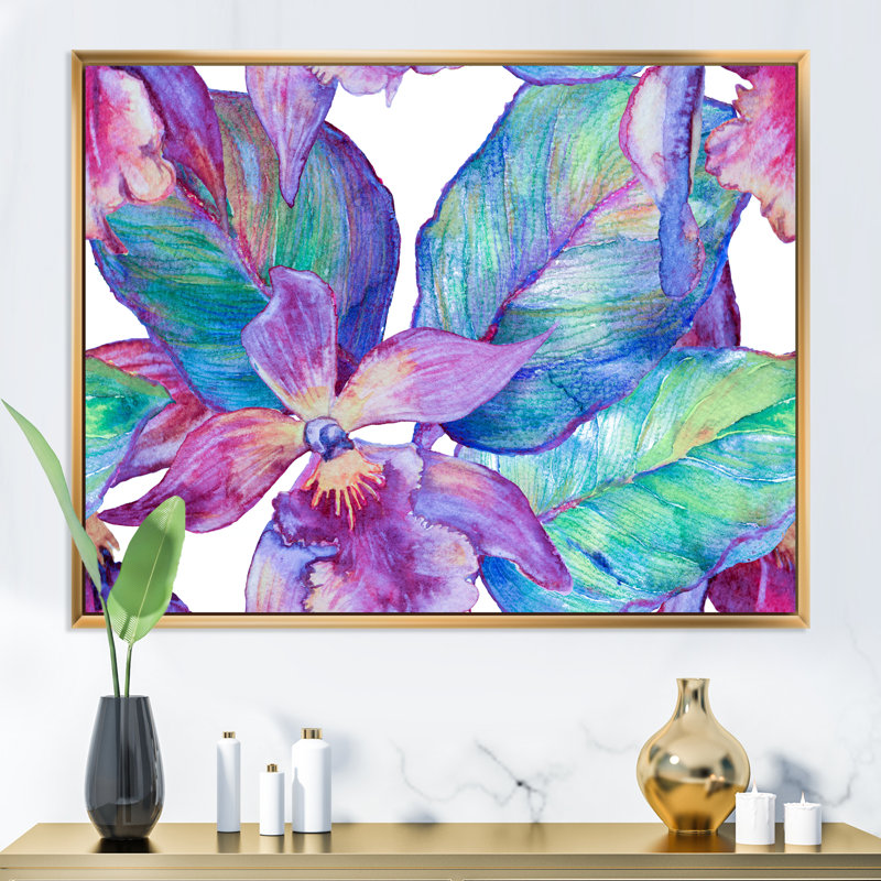 Turquoise et orchidée mauve - peinture sur toile, H 30 po x l 40 po, Cadre doré