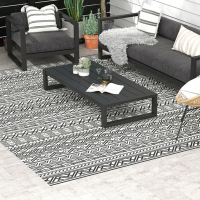 Reversible Outdoor Rug, 9' X 12' Waterproof Plastic Straw Floor Mat, Portable RV Camping Carpet With Carry Bag, Large Floor Mat For Backyard, Deck, Picnic, Beach, Gray & Cream White Boho