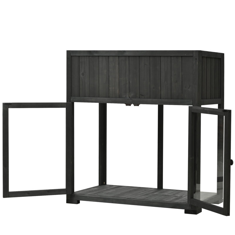 Darian Mini Fir Wood Planter with Wheels & Doors, Black