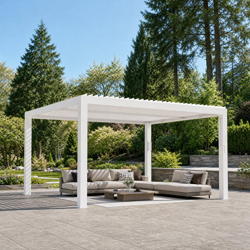 Pergola à persiennes 12 'x 14' avec double couche réglable, système de gouttière intégrée et prise de charge USB Aurora