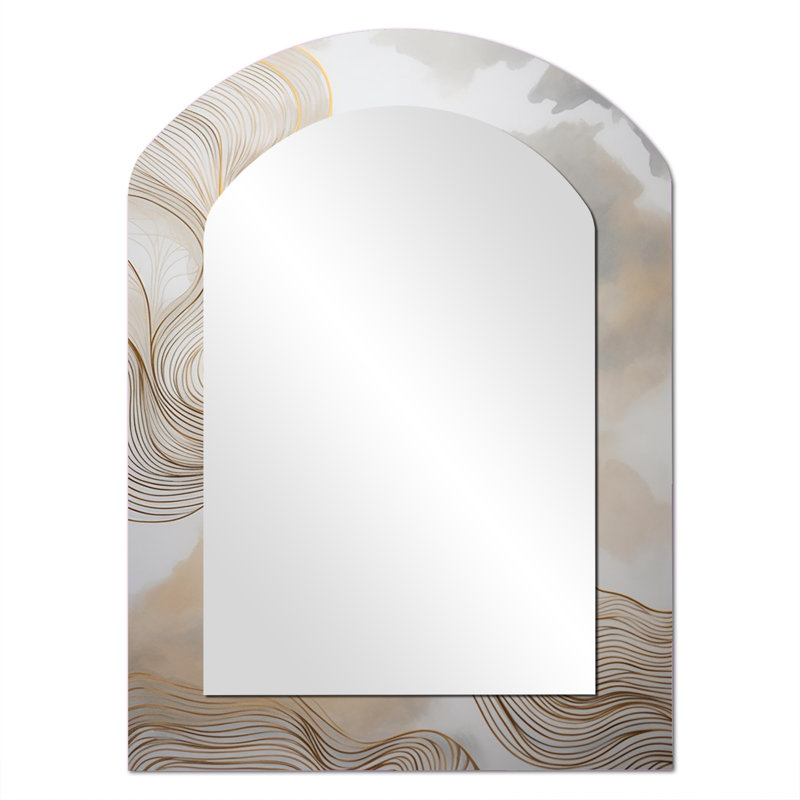 Gold And Grey Linear Expressions V - Line Art Asymmetrical Unique Wall Mirror, Modern Arch Mirror, Printed Metal Art
