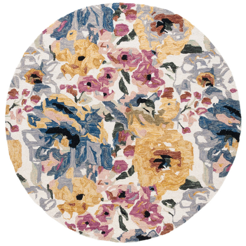 Ivory Floral Handmade Wool and Cotton Square Rug, 6' x 6'