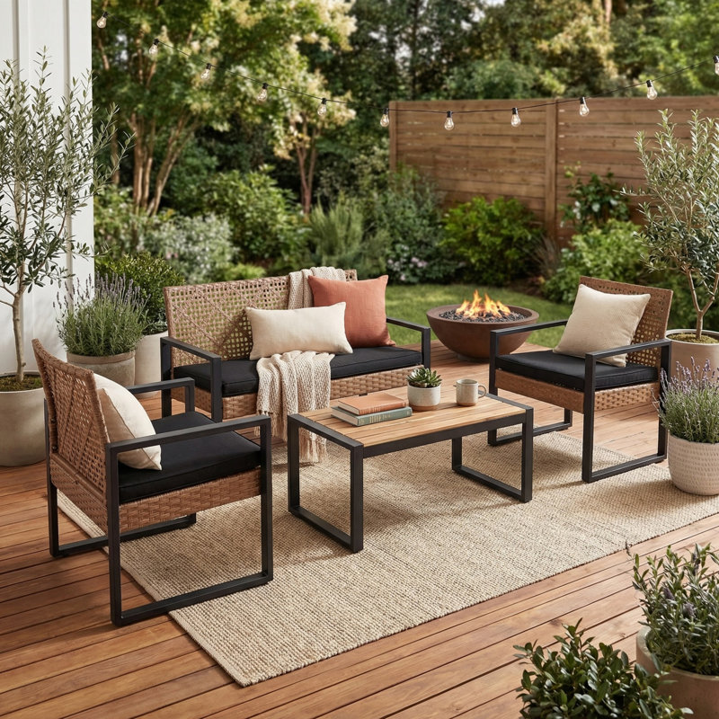 Ensemble de conversation d'extérieur 4 pièces avec coussins amovibles, ensemble de conversation pour patio avec plateau en bois pour la cour, près de la piscine