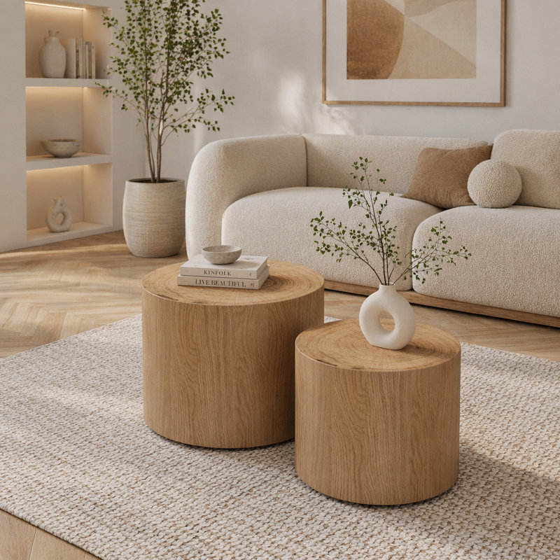 Ensemble de 2 tables basses gigognes, Bois naturel