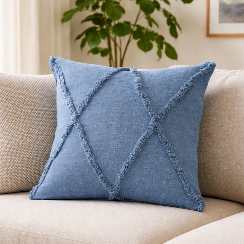  Hand-Woven Diamond Tufted 100% Cotton Throw Pillow, Square 18"H x 18"W, Coronet Blue, Polyester