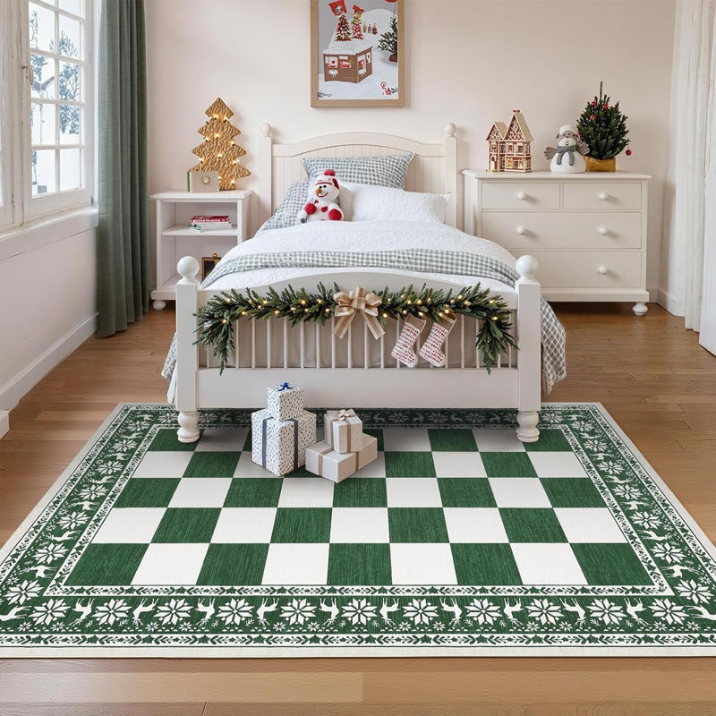5x7 Checkered Christmas Area Rug, Washable Non Slip Low Pile Rug for Dining Room, Green, Rectangle 5' x 7', Green